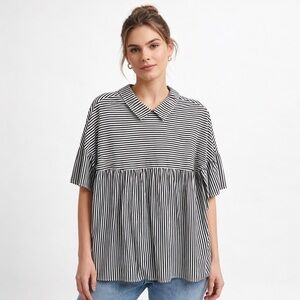 Top Gray & White Pinstripe Pullover Collared Ruffled Sleeves Size L